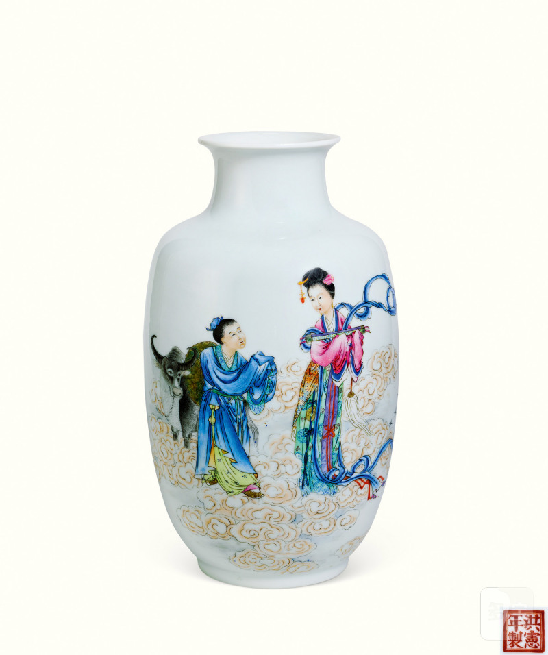 民国 粉彩牛郎织女图灯笼瓶